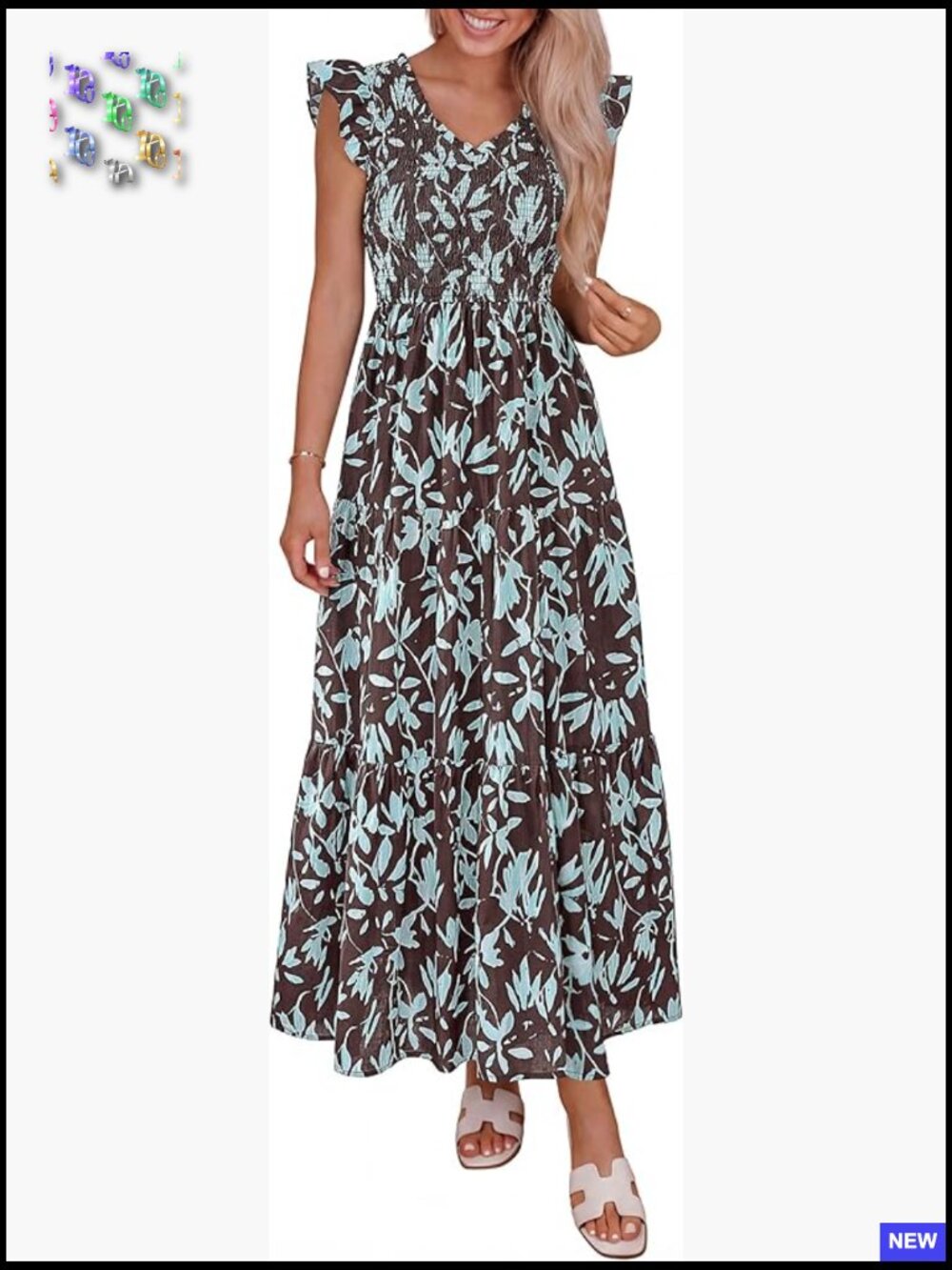 Boho Floral Maxi Dress Smocked V Neck Ruffle Sleeve Summer Beach Vacation